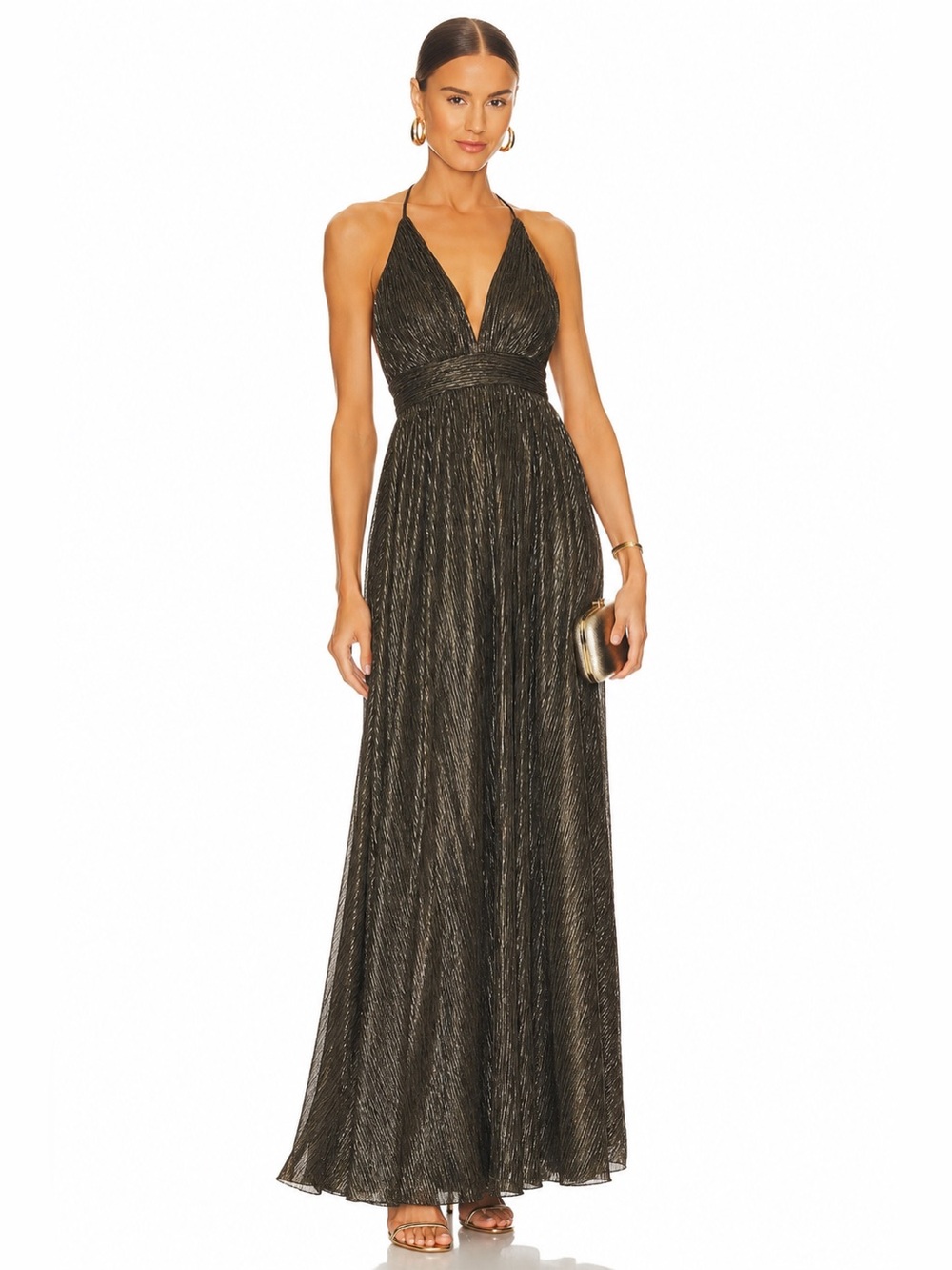 Le Château Metallic Gold Bronze Halter Maxi Dress Goddess Formal Evening Prom Pr